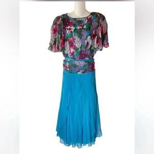 VINTAGE DIANE FREIS SILK floral turquoise beaded maxi dress w scarf size medium